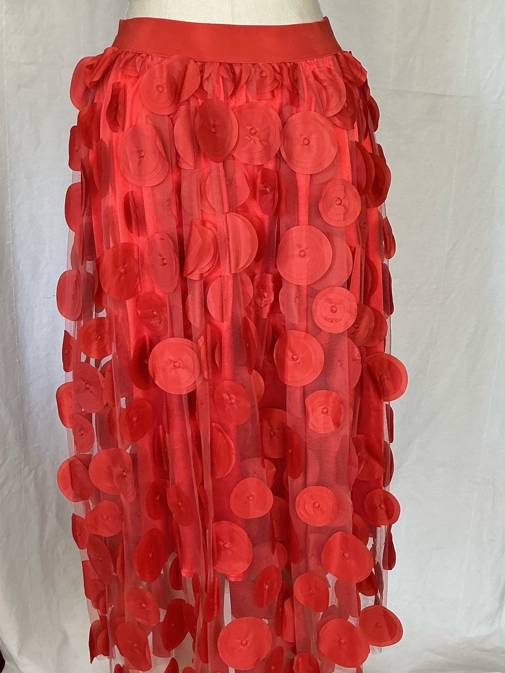Red Floral Appliqué Midi Skirt